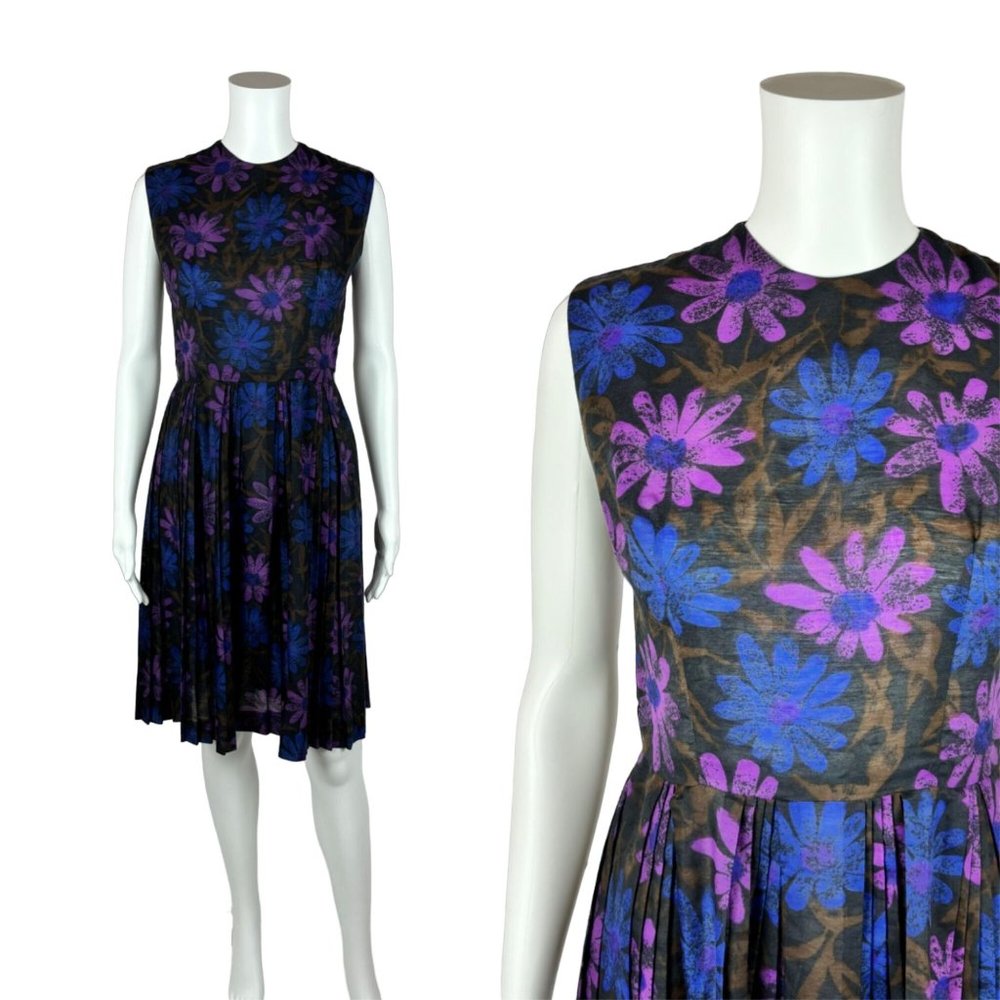 Vintage 60s Daisies Dress Dark Floral Print Purple Blue Above Knee Mid Century